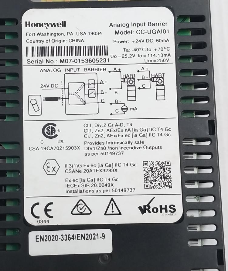 Honeywell Cc-ugai01 Analog Input Barrier +24V Dc 60Ma 250V