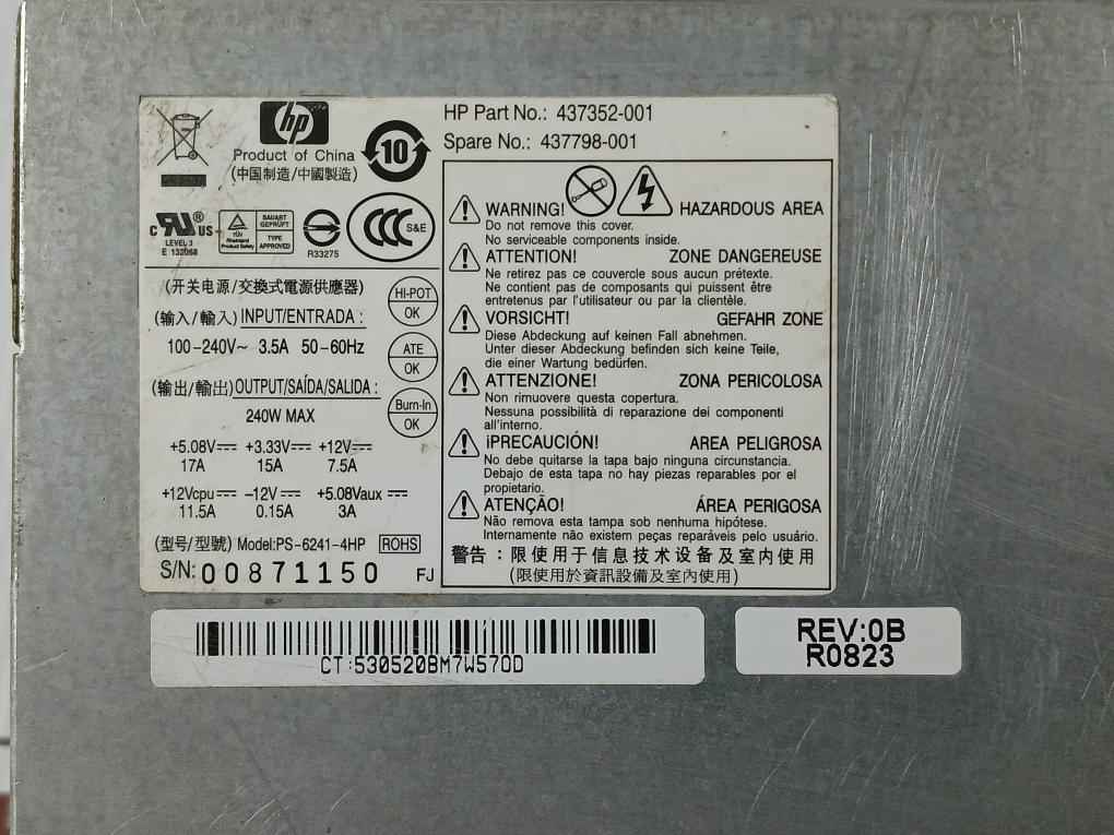 Hp 437352-001 Switching Power Supply Ps-6241-4Hp 100-240V 3.5A 50-60Hz