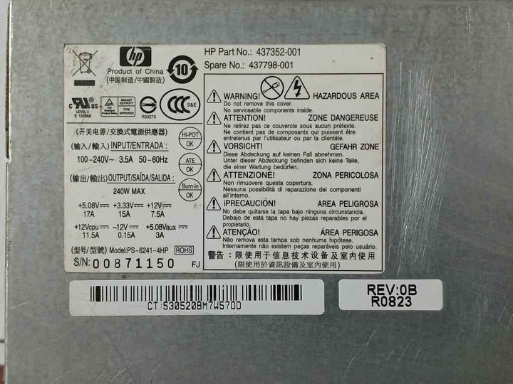 Hp 437352-001 Switching Power Supply Ps-6241-4Hp 100-240V 3.5A 50-60Hz