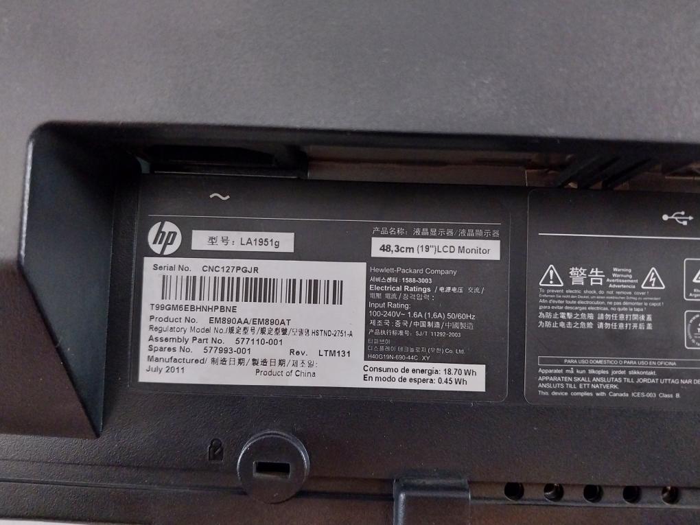 Hp Compaq La1951G 48.3 Cm (19”) Lcd Monitor Hstnd-2751-a, 577110-001, 100-240V