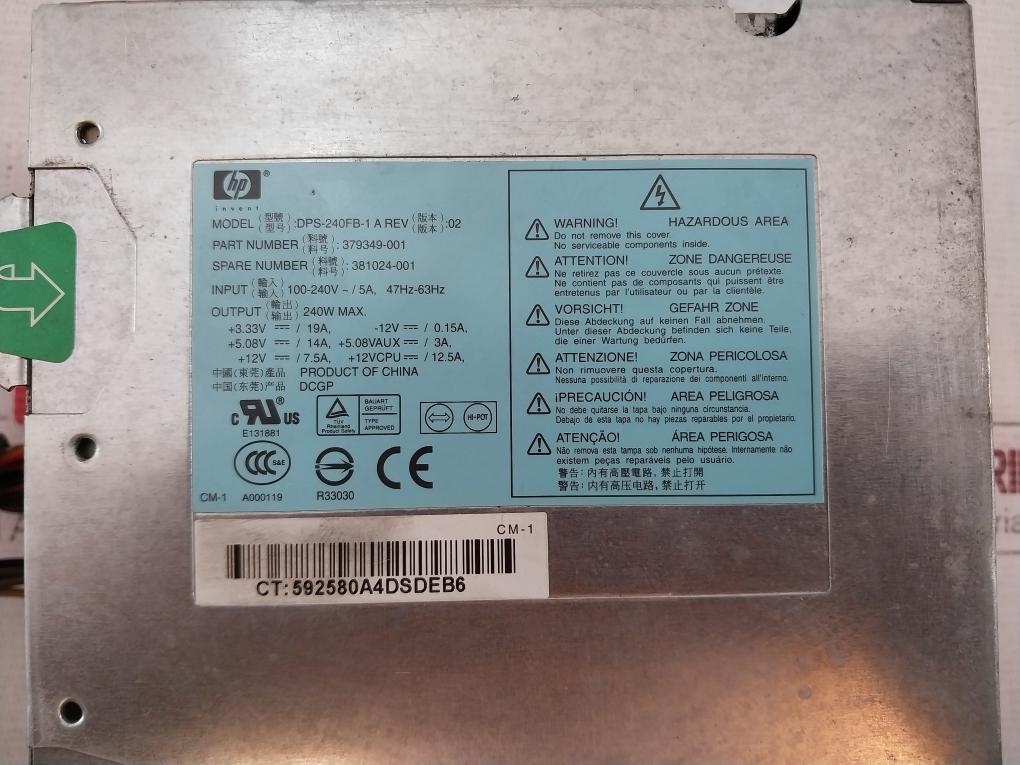 Hp Dps-240Fb-1 A Power Supply 100-240V-/5A, 47Hz-63Hz A000119 E131881