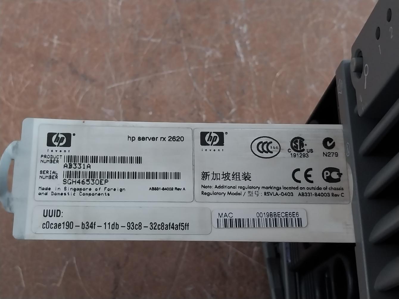 Hp Rx2620 Integrity Server Ab331A Rev.A 8A 100-127V- 50/60Hz Hpc2 10000Rpm