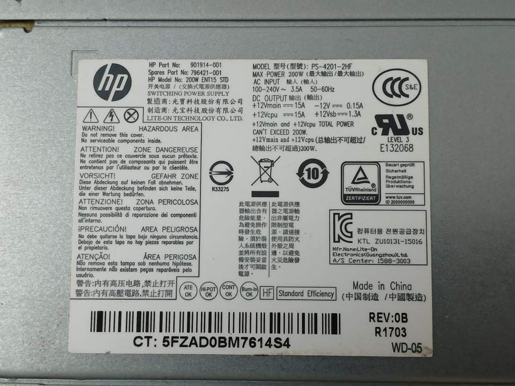 Hp 901914-001 Switching Power Supply Ps-4201-2Hf 200W 100-240V 3.5A 50-60Hz