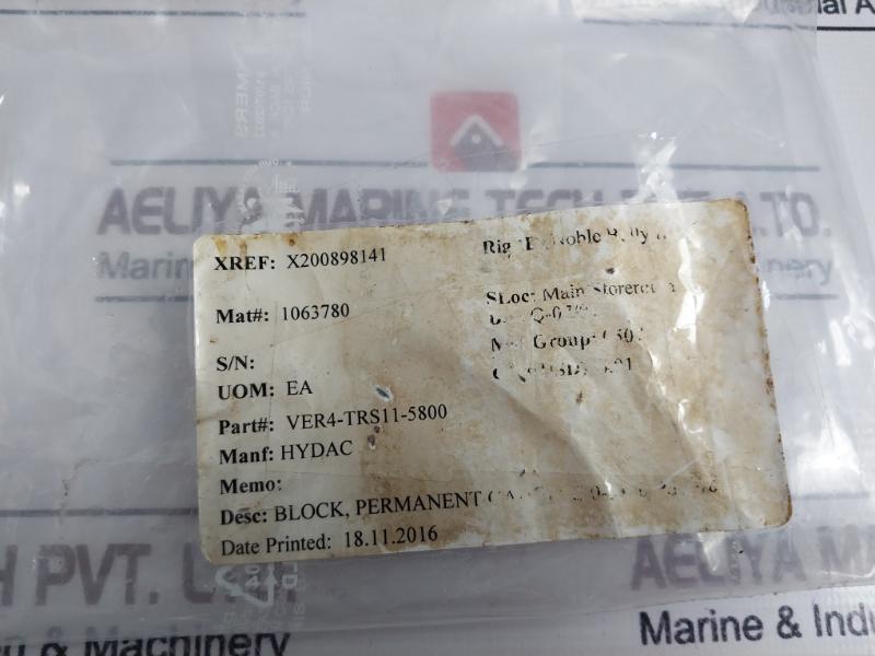 Hydac Ver4-trs11-5800 Block, Permanent 0 To 5800 Psi, 0 To 400 Bar