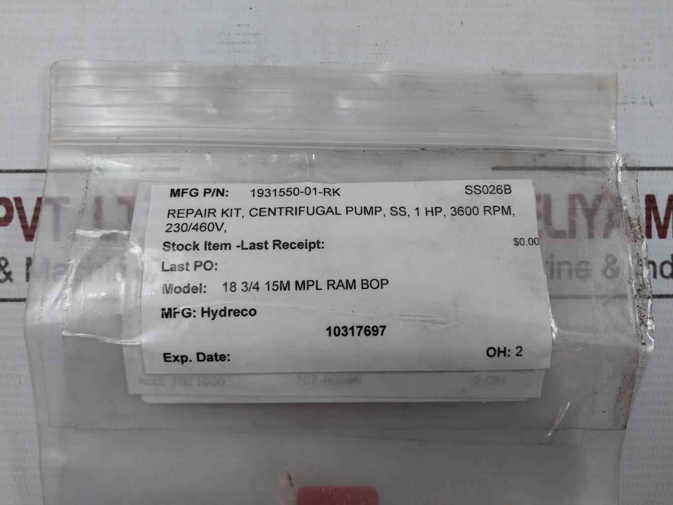 Hydreco 1931550-01-rk Stainless Steel Repair Kit For Centrifugal Pump 3600 Rpm