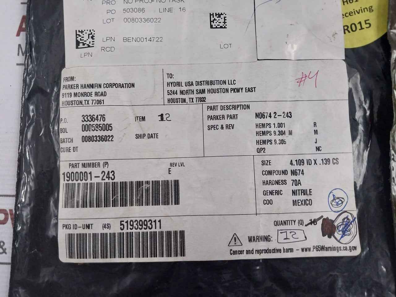 Hydril 1900001-243 O-ring Gasket 70 Duro 2-243 (103667) N0674 2-243