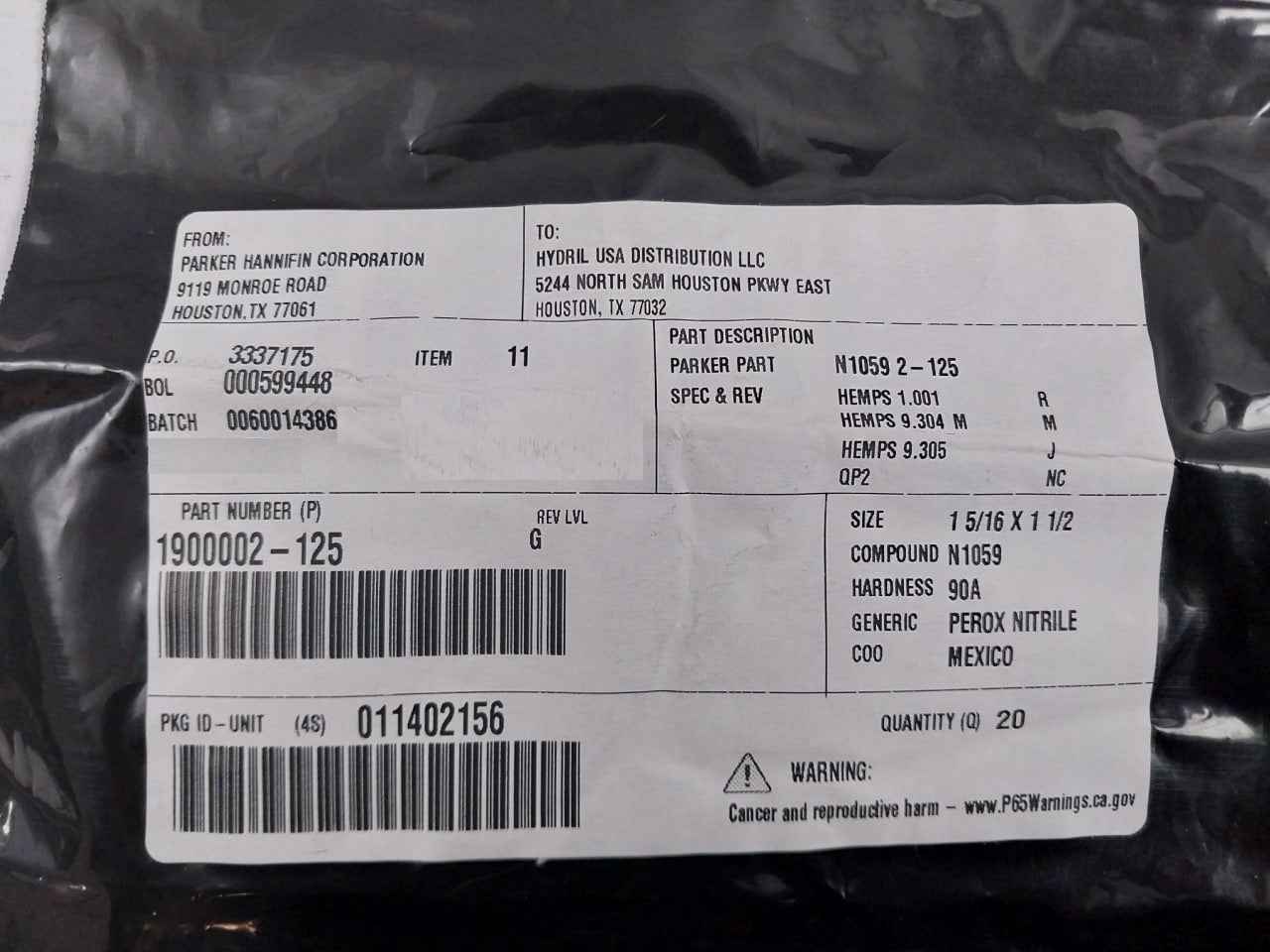 Hydril 1900002-125 O-ring 1 5/16 X 1 1/2 N1059 2-125 Rev: G