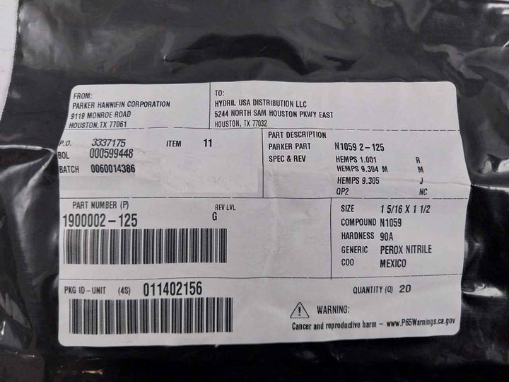Hydril 1900002-125 O-ring 1 5/16 X 1 1/2 N1059 2-125 Rev: G
