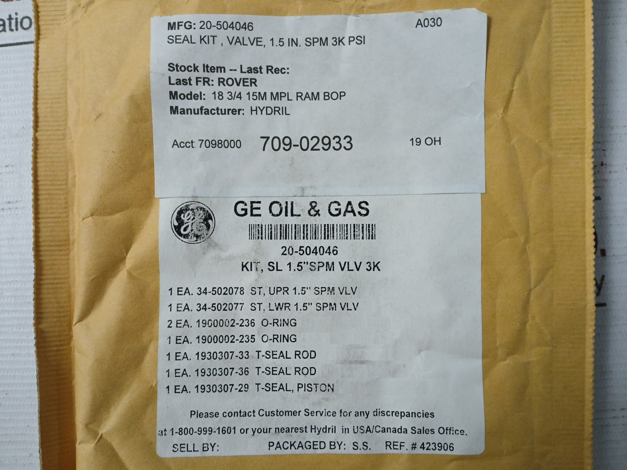 Hydril 20-504046 Seal Kit For Spm Valve A030 1-1/2" 3K/5Ksi Rev.A