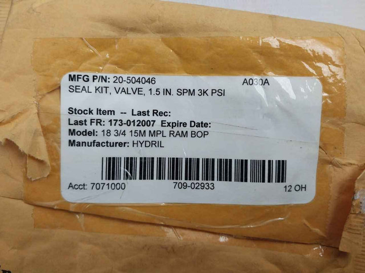 Hydril 20-504046 Spm Valve Seal Kit Rev.A4 A030A Hn Nd6Nhc7107