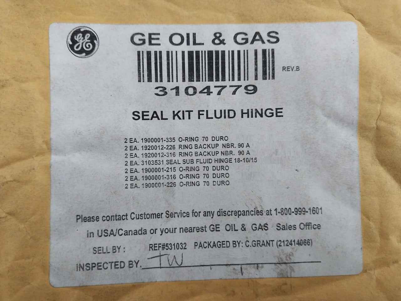 Hydril 3104779Ejb Seal Kit Fluid Hinge Bop Assembly Rev.B Nbr. 90A