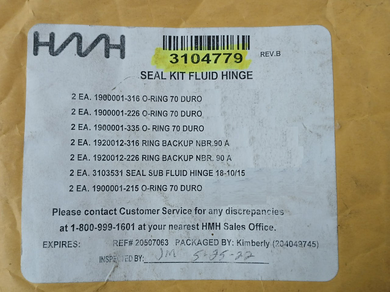 Hydril 3104779 Seal Kit – Fluid Hinge For Bonnet 3103531 Rev: B