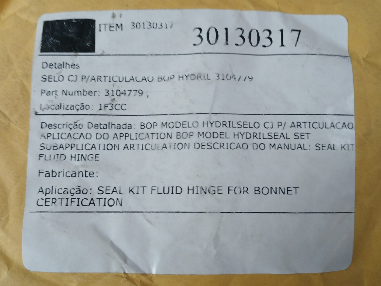 Hydril 3104779 Seal Kit – Fluid Hinge For Bonnet 3103531 Rev: B