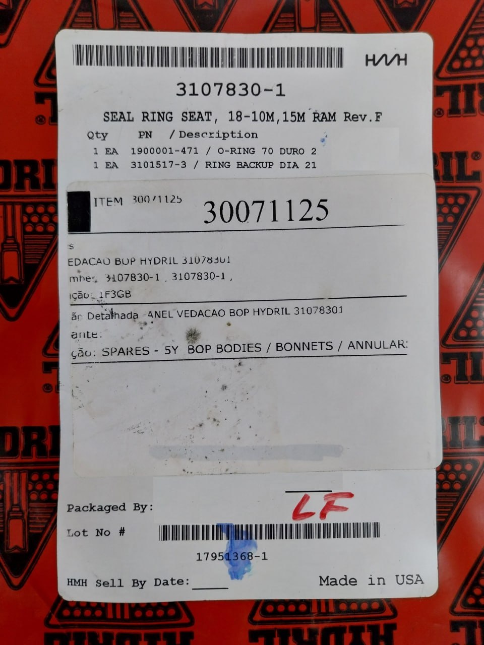 Hydril 3107830-1 Seal Ring Seat Kit O-ring 70 Duro 2 18-10M 15M Ram Rev.F