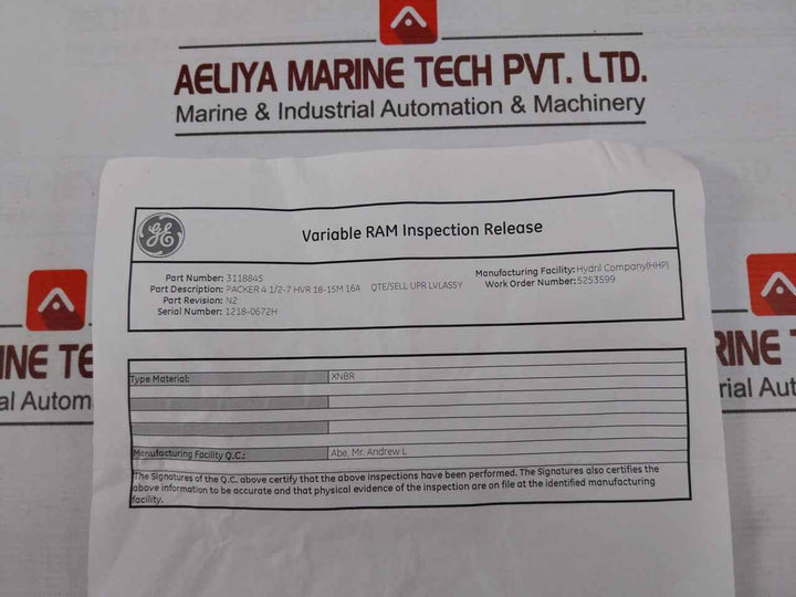Hydril 3118847 Packer Assy Kit 4.5-7 Hvr 18-15M 16A 3118845, 85A Xnbr Rev: F