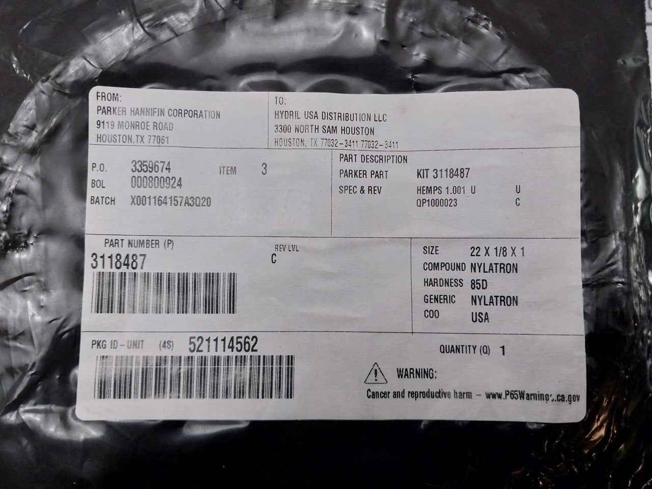 Hydril 3132389 Bonnet Seal Kit 3118487, 3114949-03 Rev Lvl:C Size: 22 X 1/8 X 1