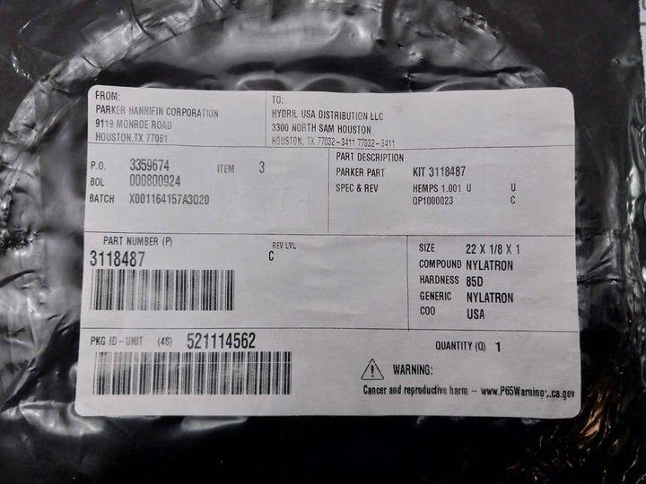 Hydril 3132389 Bonnet Seal Kit 3118487, 3114949-03 Rev Lvl:C Size: 22 X 1/8 X 1