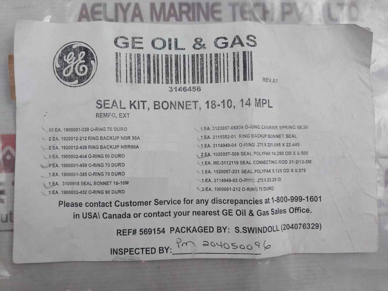 Hydril 3146456 Seal Kit Bonnet 18-10, 14 Mpl O-ring 90 Duro Rev: A1