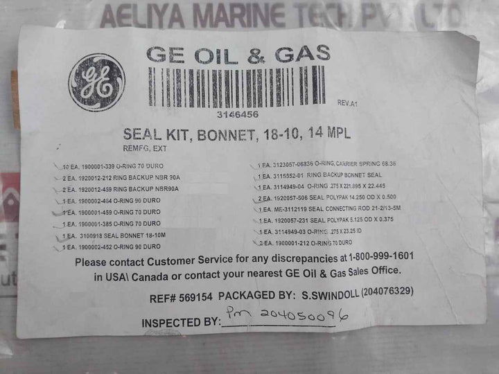 Hydril 3146456 Seal Kit Bonnet 18-10, 14 Mpl O-ring 90 Duro Rev: A1