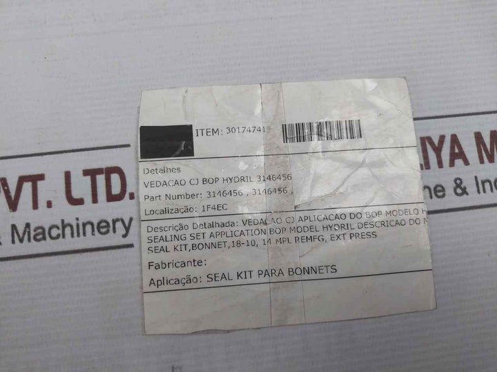 Hydril 3146456 Seal Kit Bonnet 18-10, 14 Mpl O-ring 90 Duro Rev: A1