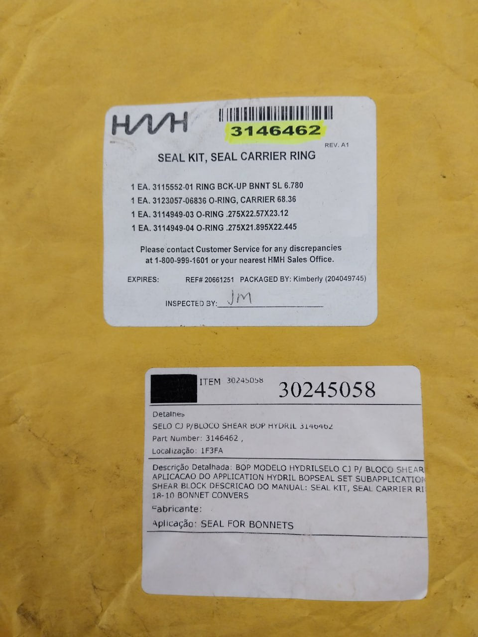 Hydril 3146462 Bop Seal Kit For Bonnet Carrier Rev.A1 80A Hsn 75A