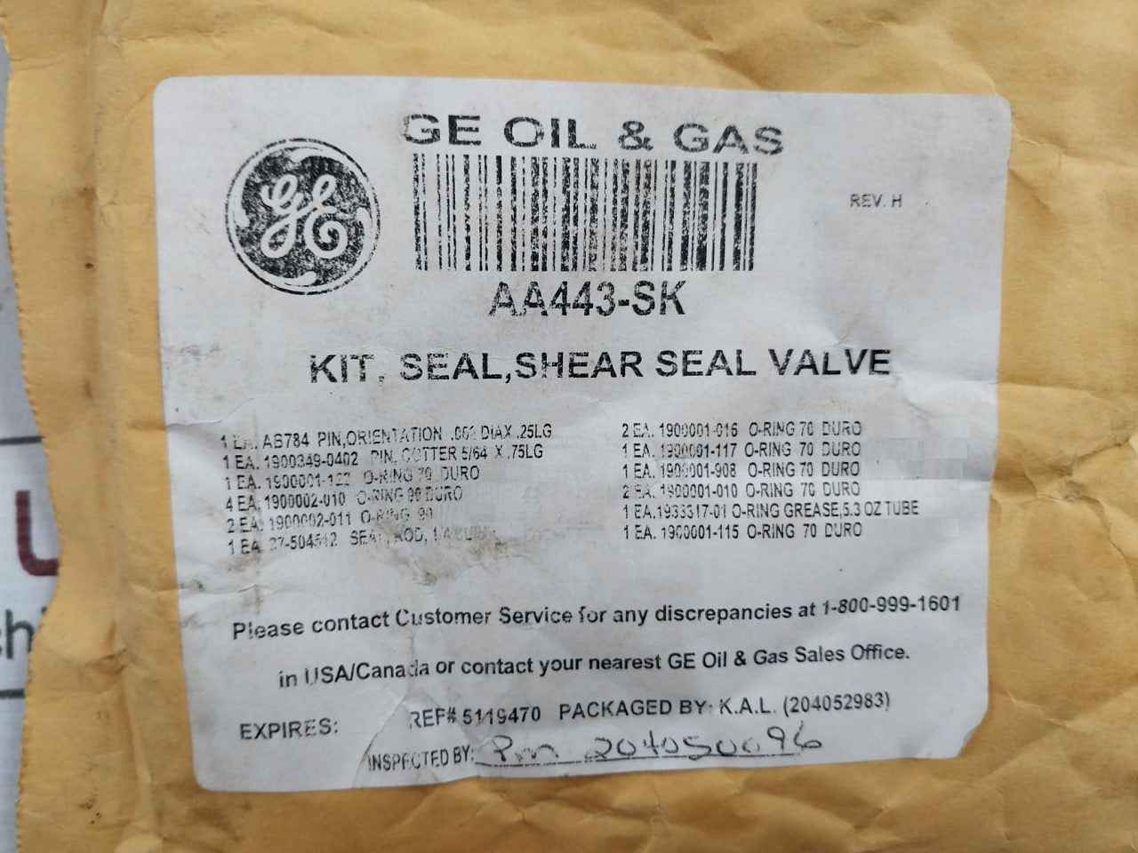 Hydril Aa443-sk Shear Seal Valve Assy Repair Kit 84-p96 Ss025 Rev.H