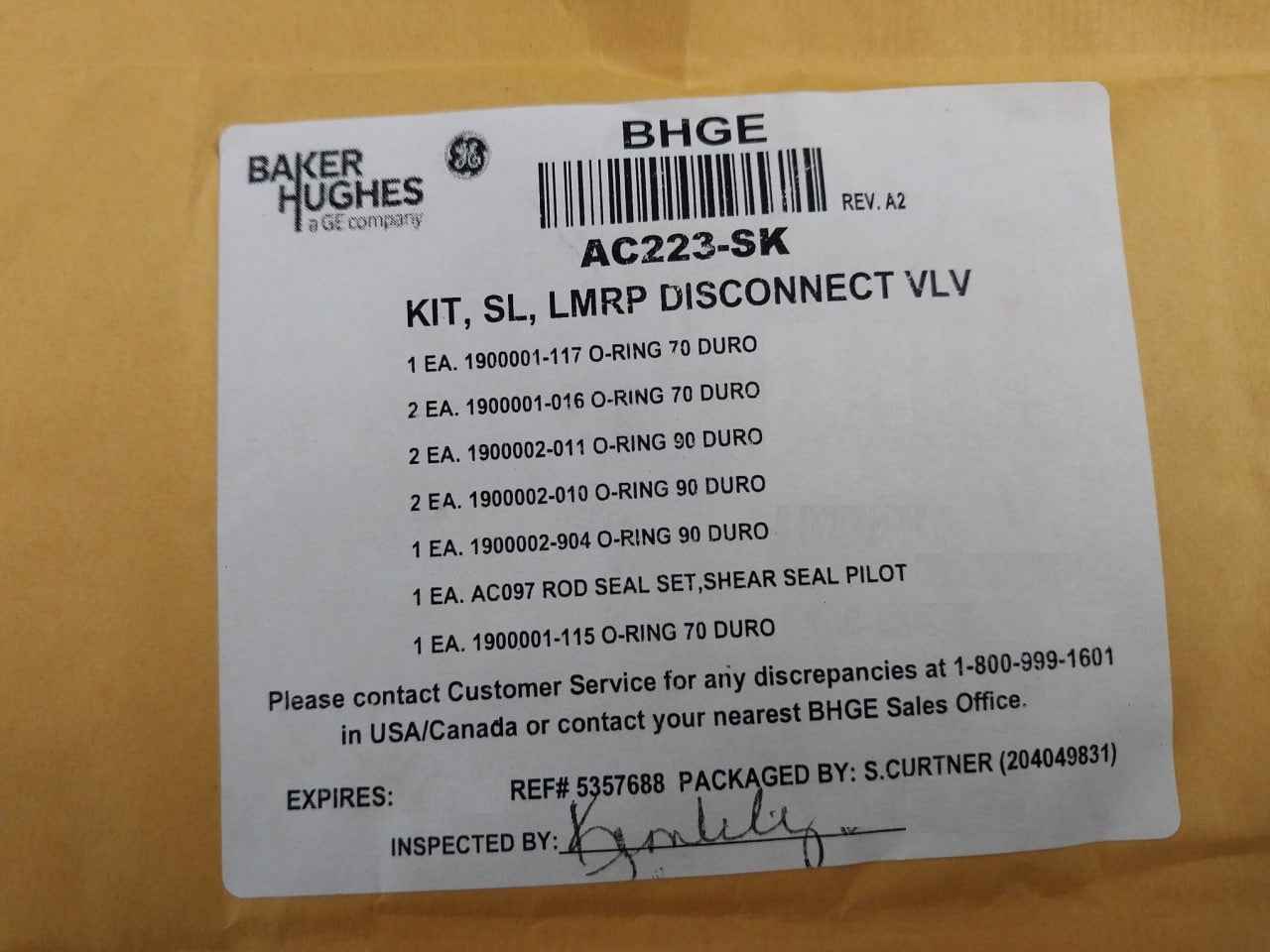Hydril Ac223-rk Repair Kit For Ac223 Lmrp Disconnect Valve 1900001-117 Rev A2