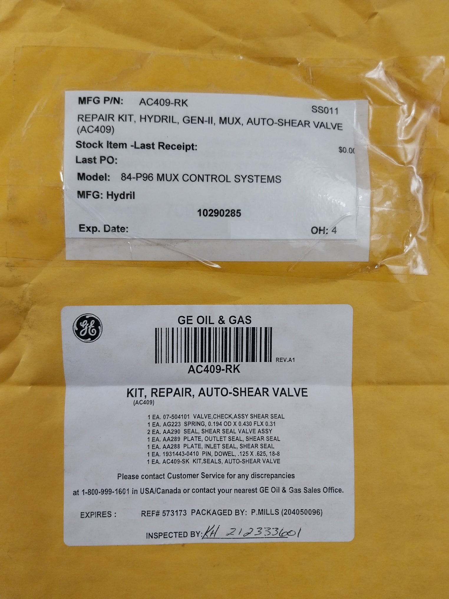 Hydril Ac409-rk Repair Kit For Gen-ii Mux Auto-shear Valve Rev A2