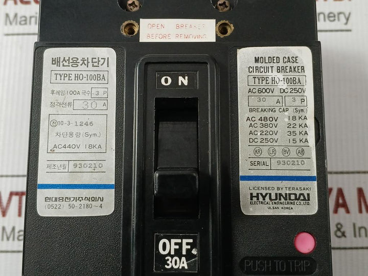 Hyundai 3P Molded Case Circuit Breaker Ac600V-dc250V/30A Part No Ho-100Ba