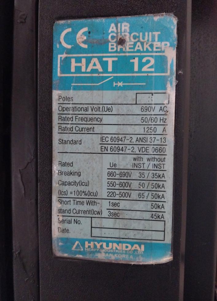 Hyundai 3 Poles Air Circuit Breaker Hat 12/3P 690Vac 50/60Hz Aor-1S-as Hats-t