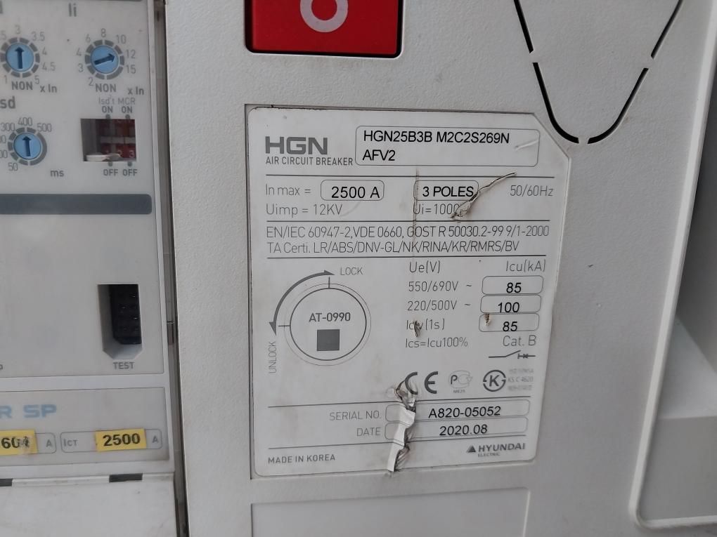Hyundai Electric Hgn25B3B Air Circuit Breaker 2500A 3 Pole