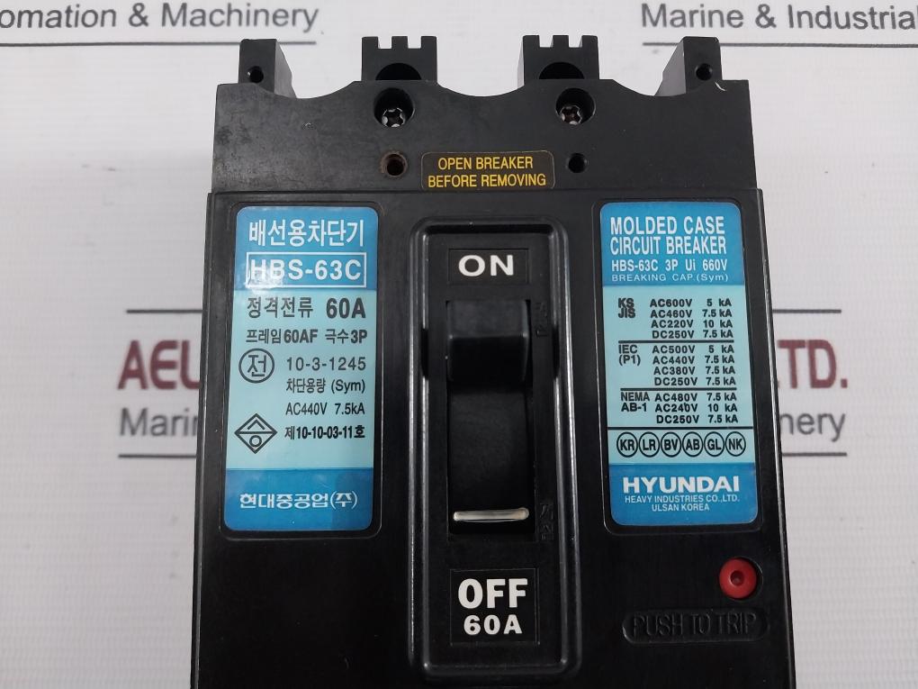 Hyundai Hbs-63C Molded Case Circuit Breaker Poles 3P Ac440V 7.5Ka