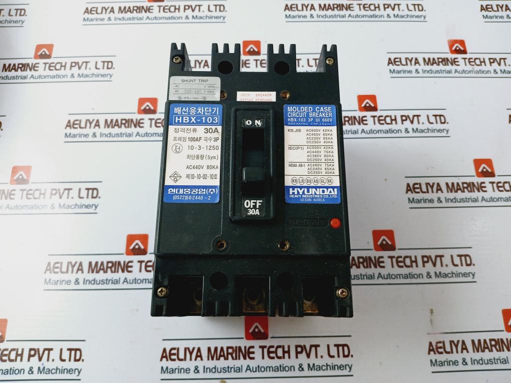 Hyundai Hbx-103 3 Pole Molded Case Circuit Breaker 30A Ac200-480V 60Hz