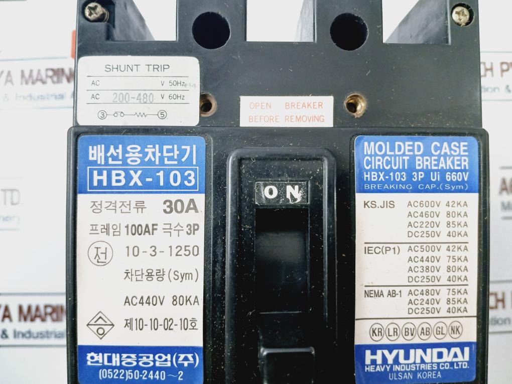 Hyundai Hbx-103 3 Pole Molded Case Circuit Breaker 30A Ac200-480V 60Hz