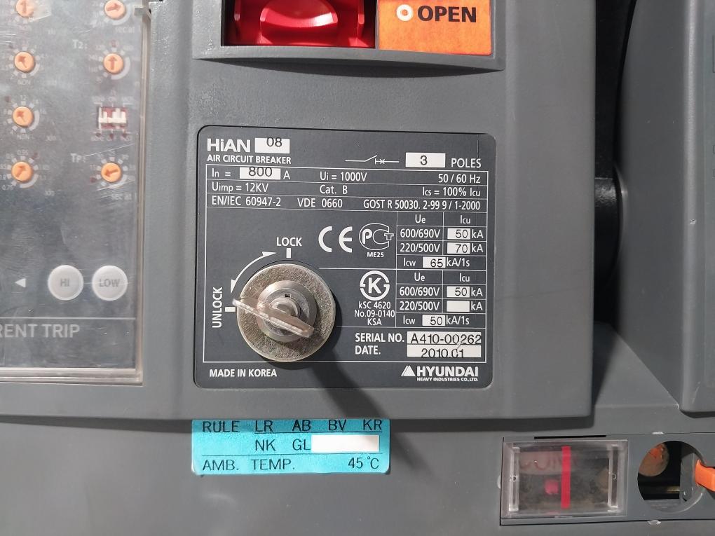 Hyundai Hian 08 Air Circuit Breaker 3 Pole 800A 1000V