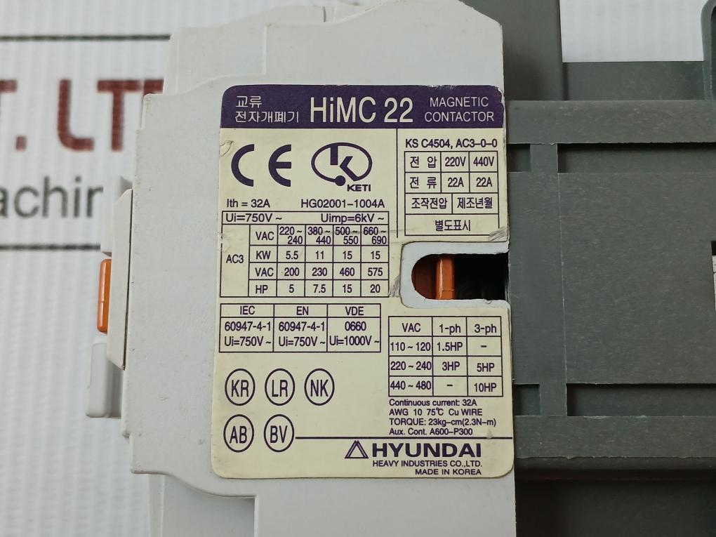 Hyundai 220–240V Ac 50/60 Hz Magnetic Contactor Himc 22 200-00125