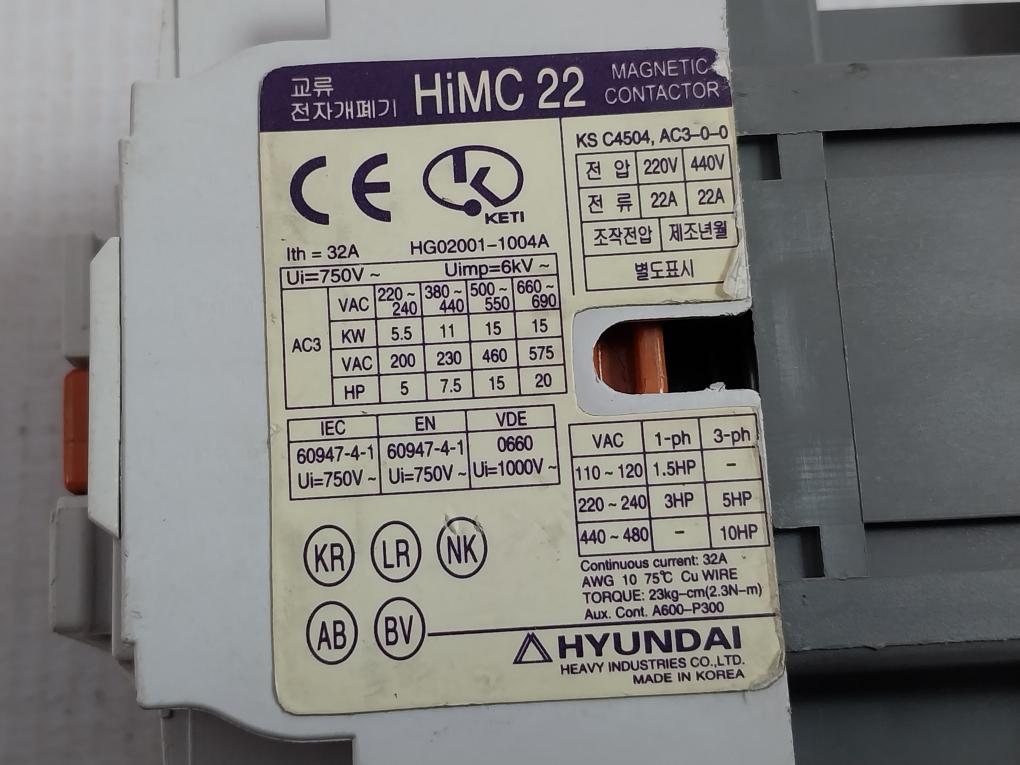 Hyundai 750V 50-60Hz Magnetic Contactor Himc 22