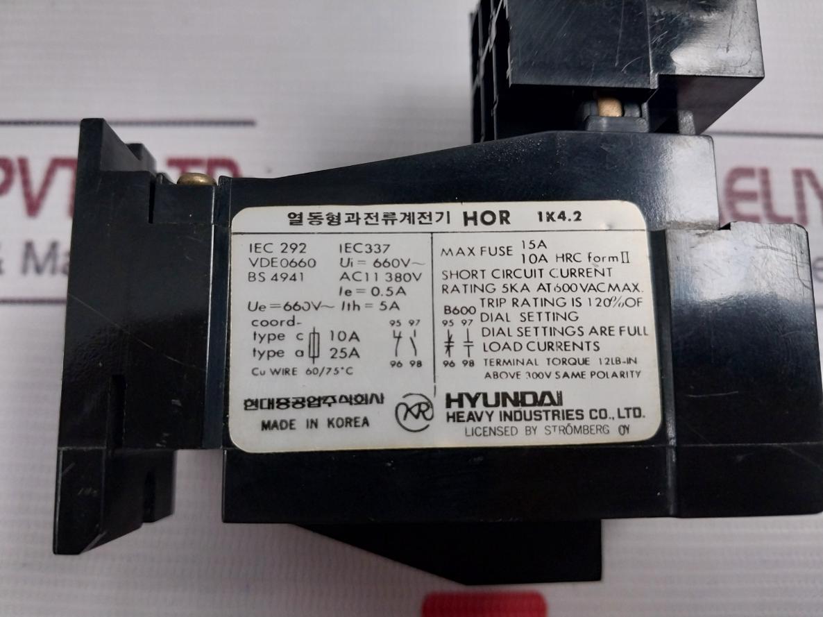 Hyundai Hor 1K 4.2 Thermal Overload Relay Vde0660 60/75˚C 5Ka At 600Vac