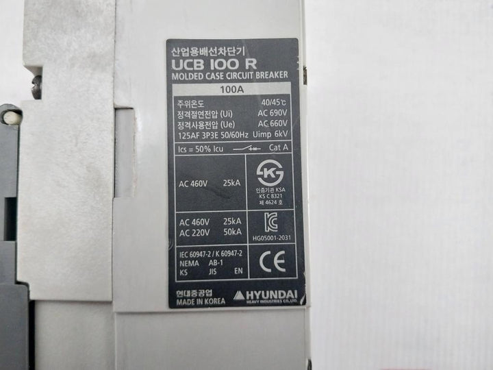 Hyundai Industrial Molded Case Circuit Breaker 50/60Hz Ac 690V Part No Ucb 100 R