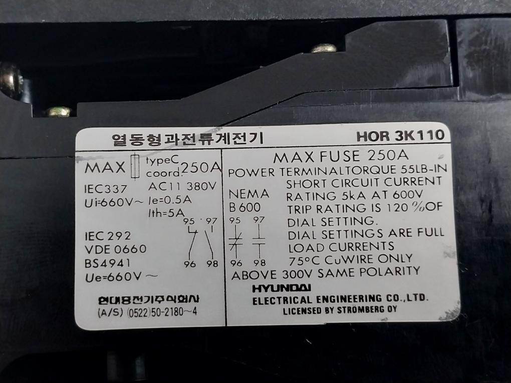 Hyundai Thermal Overload Relay 5A 660V Hor 3K 110