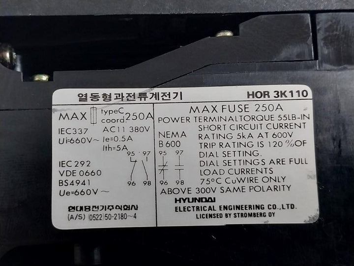Hyundai Thermal Overload Relay 5A 660V Hor 3K 110