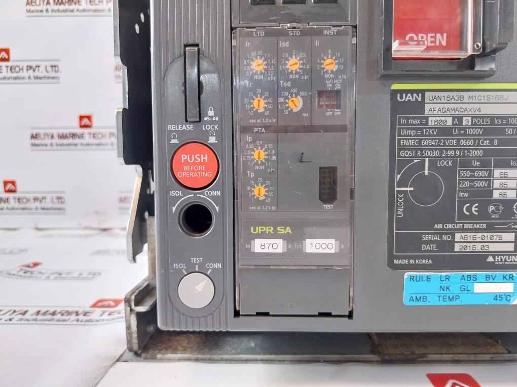 Hyundai Uan16A3B M1C1S168J Air Circuit Breaker 1000V 3-pole 50/60Hz