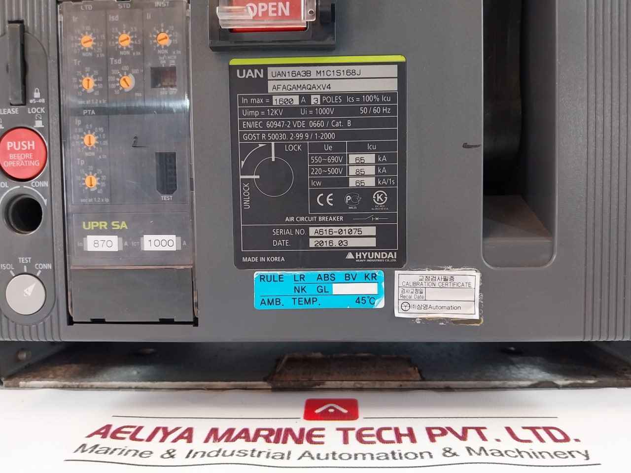 Hyundai Uan16A3B M1C1S168J Air Circuit Breaker 1000V 3-pole 50/60Hz