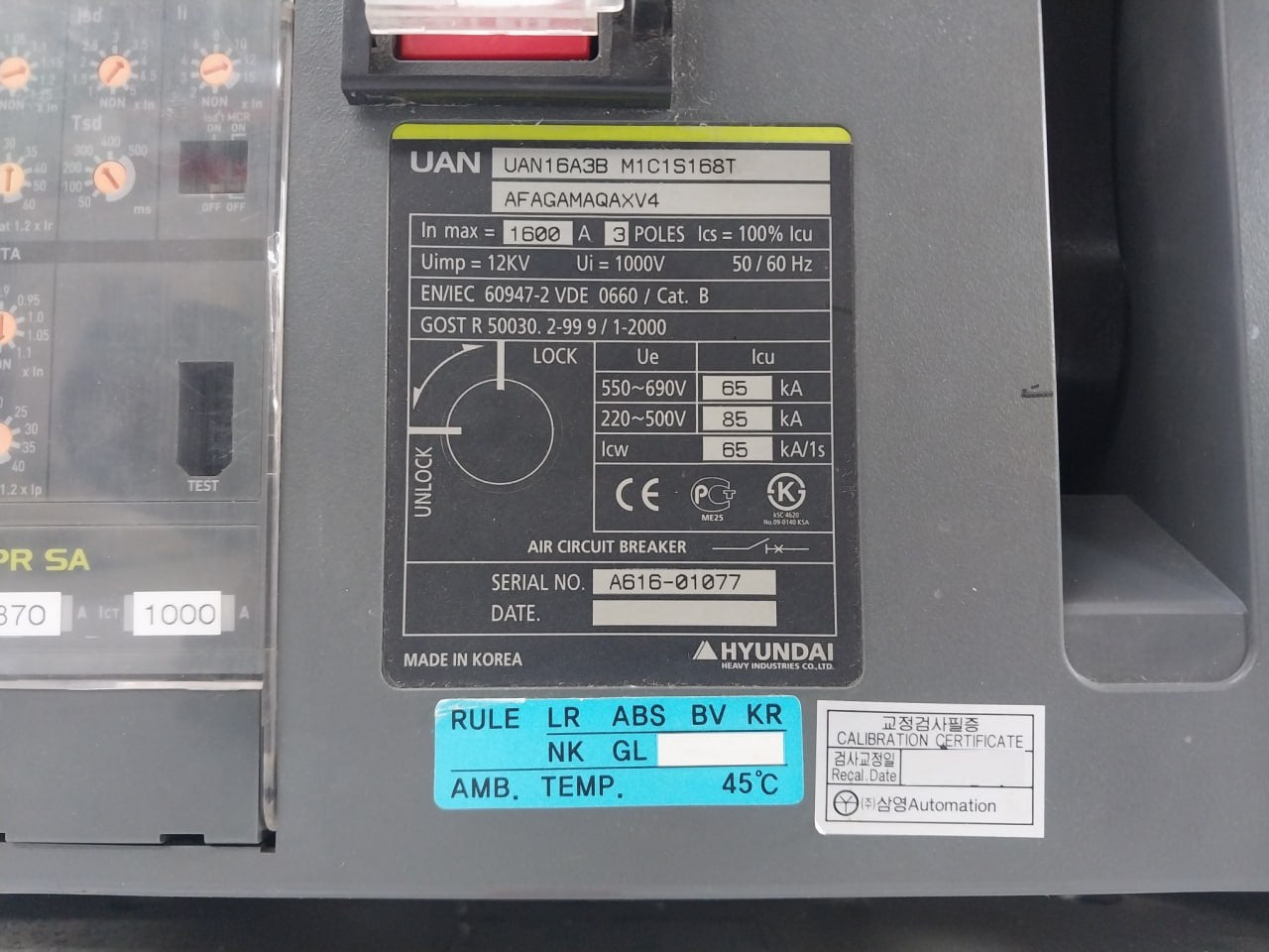 Hyundai Uan16A3B M1C1S168T 3-pole Air Circuit Breaker 12Kv 1000V 50/60Hz