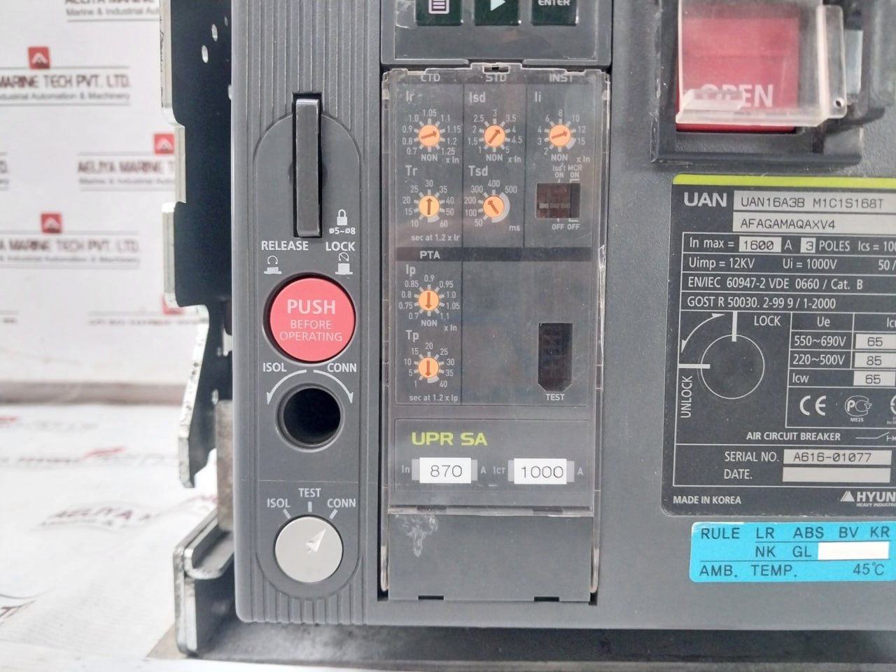 Hyundai Uan16A3B M1C1S168T 3-pole Air Circuit Breaker 12Kv 1000V 50/60Hz