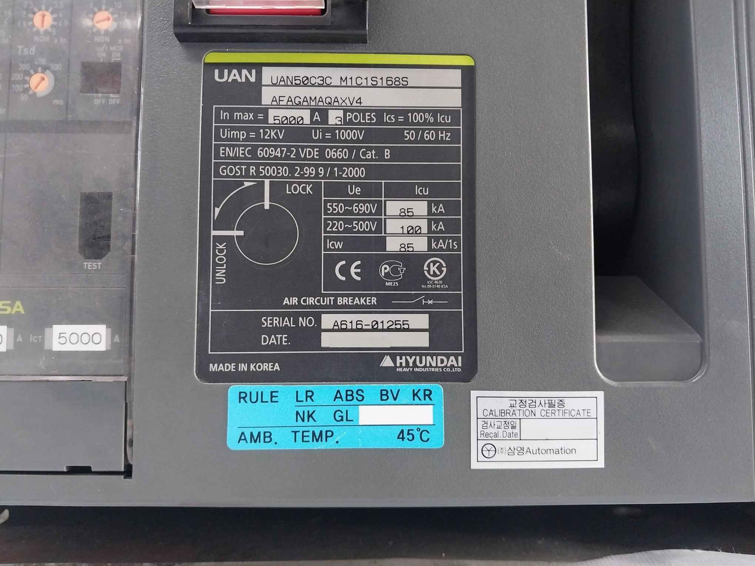 Hyundai Uan50C3C M1C1S168S Air Circuit Breaker 3-pole 50/60Hz 1000V 5000A