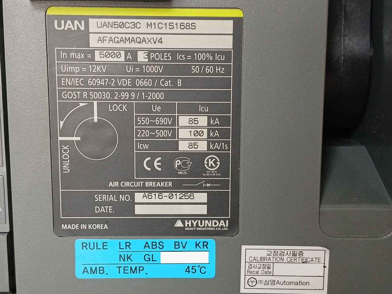 Hyundai Uan50C3C M1C1S168S Air Circuit Breaker Acb 3 Poles 1000V 50/60 Hz