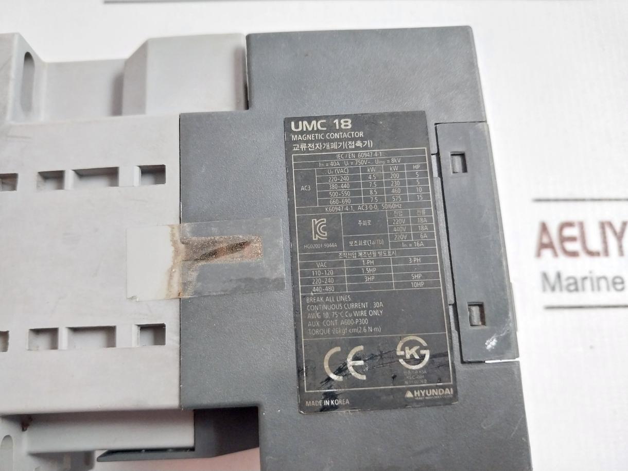 Hyundai Umc 18 Magnetic Contactor 40A K60947-4-1 Ac3-0-0 5060Hz 26Kgf-cm 220V~