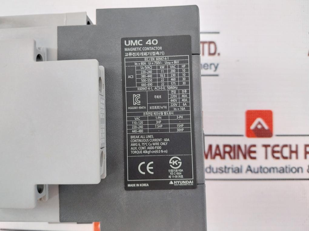 Hyundai Umc 40 Magnetic Contactor K60947-4-1, Ac3-0-0, 50/60Hz