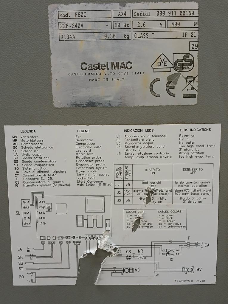 Icematic F80C Ice Flaker Machine 220-240V 50 Hz 2.6A 400W 19262825.0 Rev 01